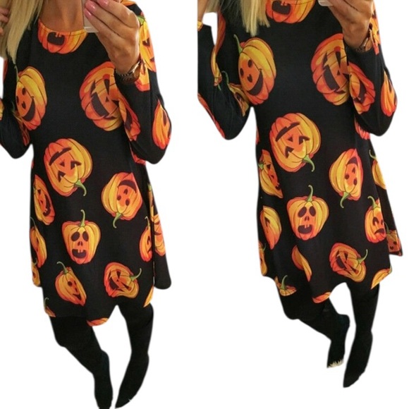 Halloween Long Sleeve Jack o' lantern  Casual Dress XL Stretchy NWOT - Picture 2 of 4